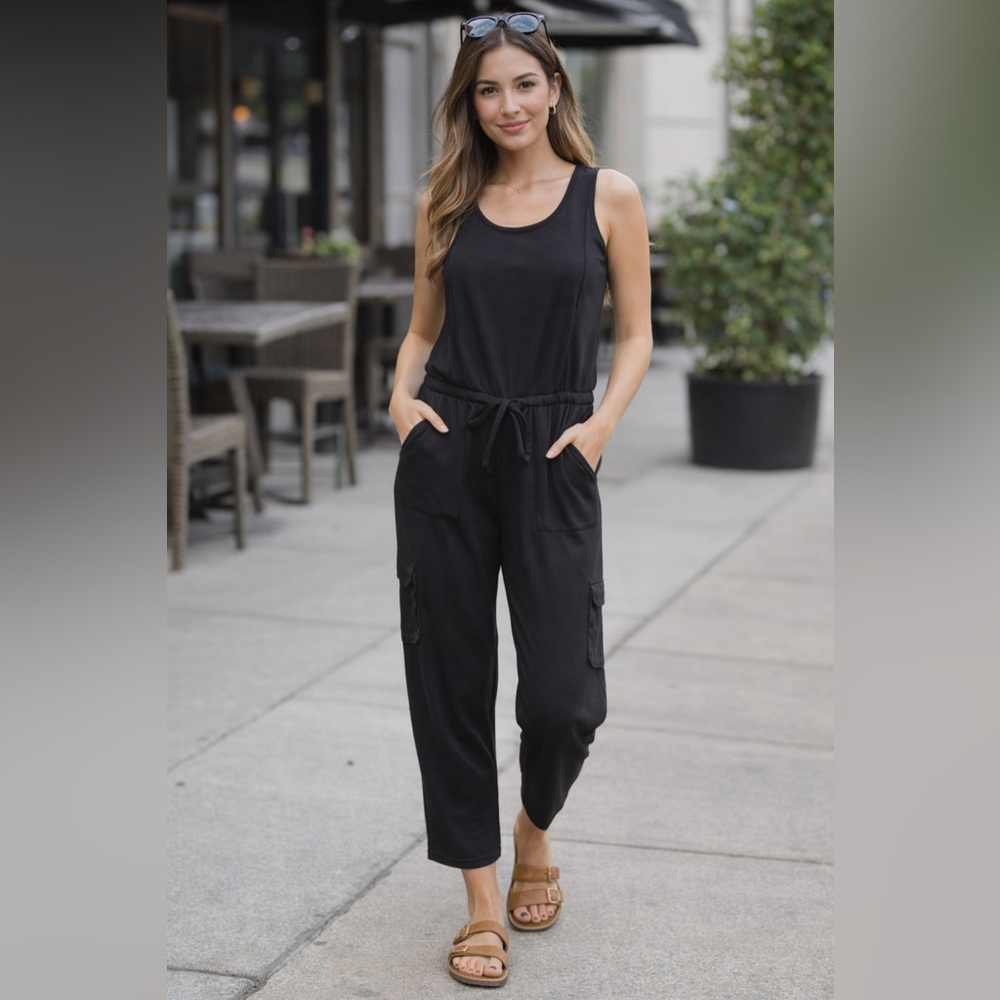 MUK LUKS Black Sleeveless Jumpsuit Small Casual Lounge Travel Pockets